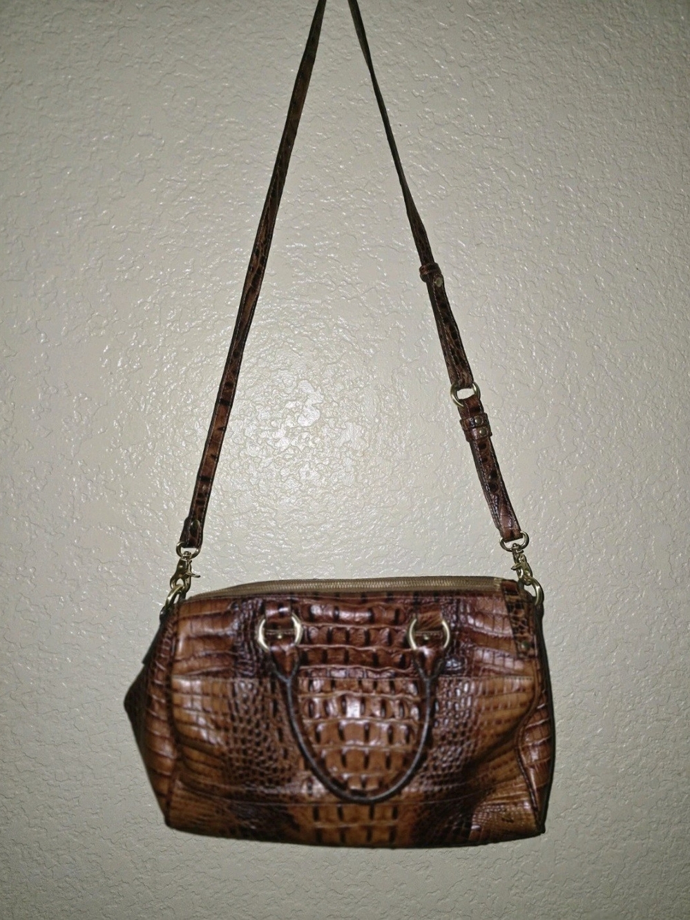 Brahmin Large Croc Embossed Leather Satchel Shoulder Bag Brown
